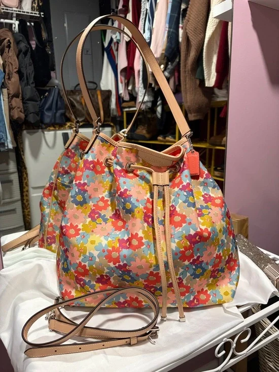 Coach Floral Drawstring Bucket Bag - Pink, Red, Blue, Yellow, Cream - Picture 14 of 15